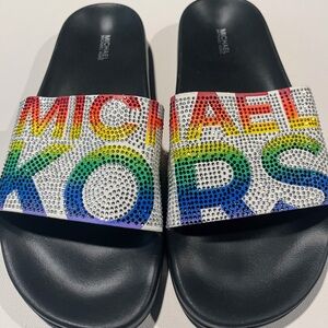 Michael Kors Black Slides with Multicolor Rhinestones